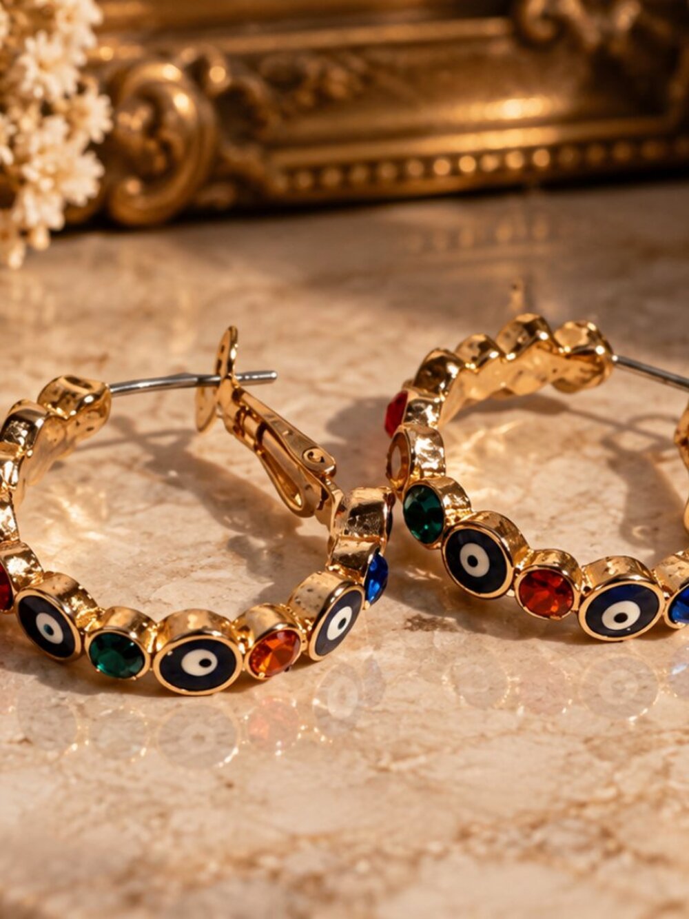 Colourful Evil Eye Gold Tone Hoop Earrings